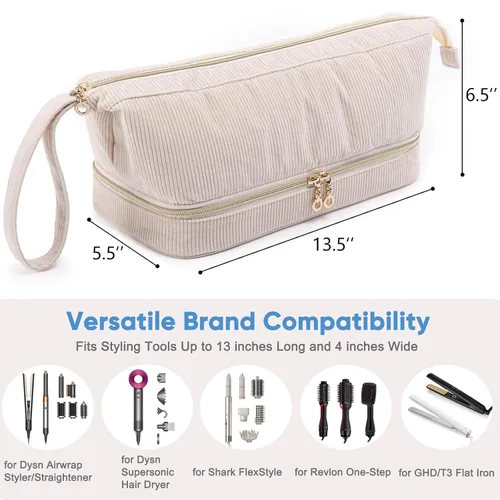 Vista 4 de Estuche para secador de pelo, herramientas de pelo de doble capa, estuche de transporte de viaje para Shark FlexStyle/SmoothStyle con bolsa de Marfil