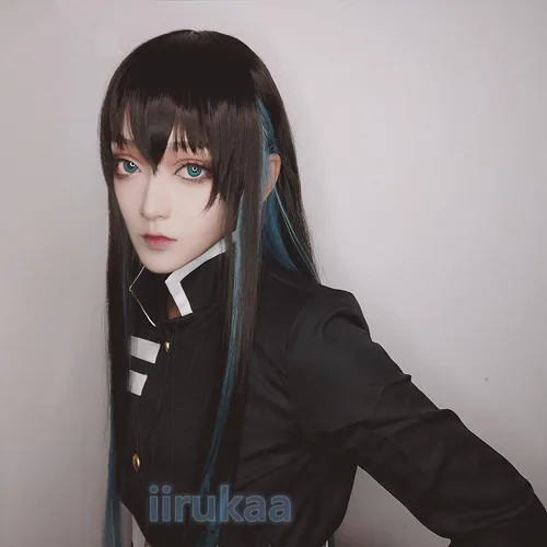 Vista 6 de iirukaa Tokitou Muichirou - Peluca de cosplay larga y recta para Demon Slaye Anime Kimetsu no Yaiba, personajes de Halloween, pelucas de cosplay