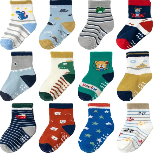 Vista 38 de Calcetines antideslizantes con agarre para tobillos, paquete de 12 unidades para niños pequeños, niños y niñas, lindos calcetines de algodón