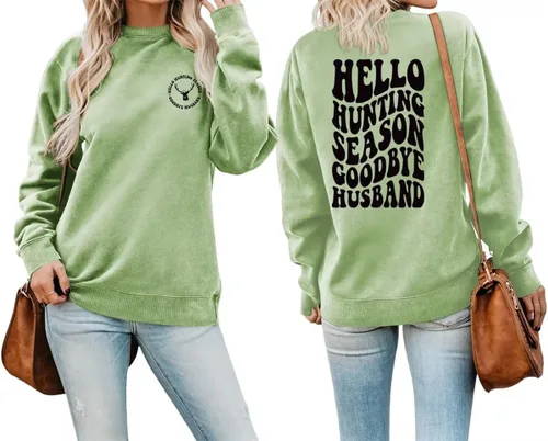 Vista 14 de DUDIHOHX Hello Hunting Season Goodbye Husband - Sudadera de manga larga con estampado de moda, casual, cuello redondo