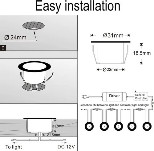 Vista 9 de FVTLED Kit de luces LED para cubierta, 20 piezas Φ1.22 D31 WiFi control de teléfono inteligente de bajo voltaje empotrado RGBW iluminación de Rgbw