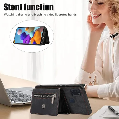 Vista 3 de Funda para teléfono Samsung Galaxy A21S con protector de pantalla de vidrio templado y correa cruzada para la muñeca, cordón para el hombro, soporte