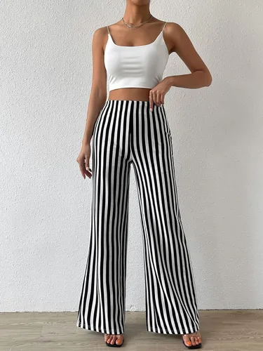 Vista 5 de WDIRARA Pantalones largos elegantes de cintura alta para mujer con pierna acampanada y rayas verticales