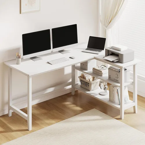 Vista 12 de IOTXY Escritorio de oficina reversible en forma de L, mesa de computadora compacta de 45 pulgadas con estantes de almacenamiento, patas de madera
