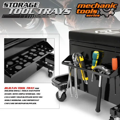 Vista 4 de M-AUTO Taburete Mecánico Rodante Taburete de Caja de Herramientas de Garaje Asiento de Cofre de Herramientas con Ruedas, Capacidad de 350 LBS