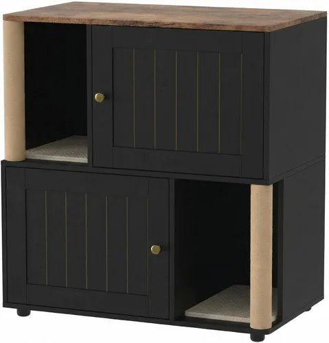 Vista 13 de CABIHOME Caja de arena doble para gatos con poste rascador, armario oculto 2 en 1 con tapete de arena, caja de arena grande para 2 gatos, color negro