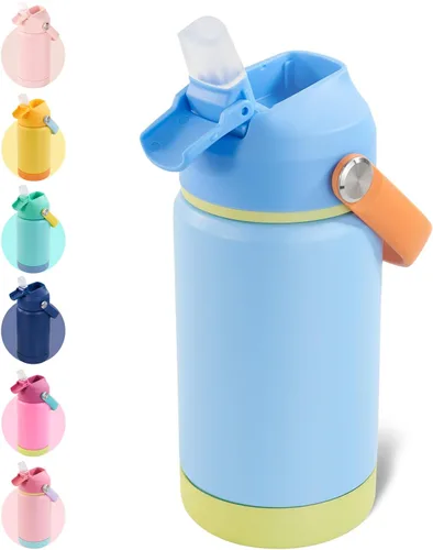 Vista 17 de Kerilyn - Botella de agua para niños, de acero inoxidable, con pajilla a prueba de fugas, con aislamiento térmico, libre de bisfenol A, unisex
