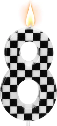 Vista 16 de Velas temáticas de autos de carreras para cumpleaños, velas numeradas número 0 a cuadros, decoración de pastel a cuadros en blanco y negro, adorno