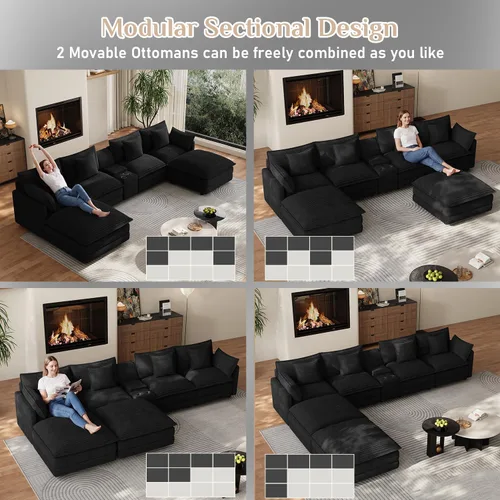 Vista 7 de Sofá modular en forma de U de 143 pulgadas para sala de estar, sofá modular de gran tamaño, sofás seccionales modernos, asiento profundo de pana