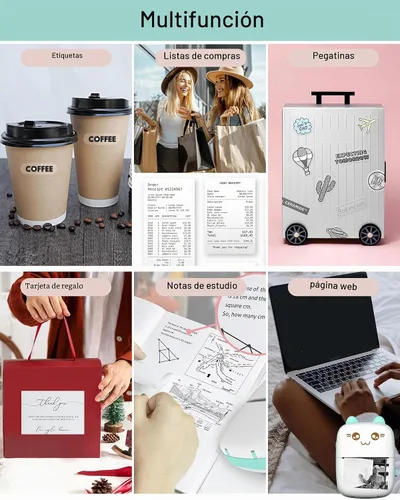Vista 7 de Mini impresora portátil, impresora de pegatinas sin tinta con 8 rollos de papel, mini impresora térmica inalámbrica Bluetooth compatible con iOS +