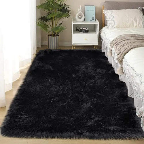 Vista 9 de Alfombra negra de piel sintética, 2 x 3 pies, para dormitorio, niños, dormitorio, sofá, decoración del hogar, lavable, esponjosa, manta pequeña