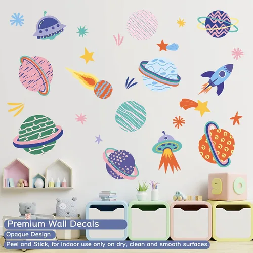 Vista 2 de Calcomanías de pared espaciales multicolor – Calcomanías de vinilo de cohete espacial planetas y estrellas – Sistema Solar extraíble Galaxy Star