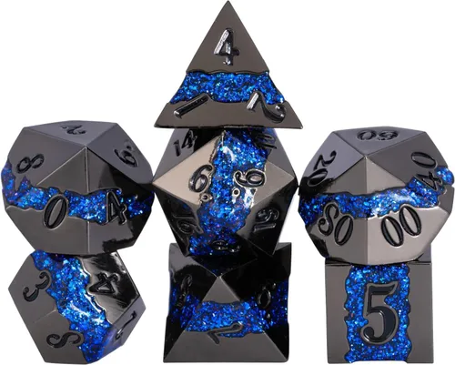 Vista 11 de Dados poliédricos DND de metal, juego de dados metálicos con purpurina a rayas grandes, juego de 7 dados plateados antiguos para juegos de rol