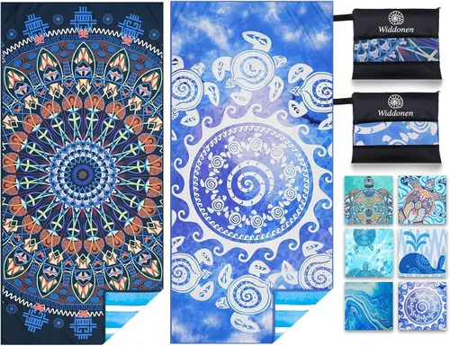 Vista 16 de Widdonen Toalla de playa de microfibra, compacta, paquete de 2 unidades, 71 x 32 pulgadas con bolsa de viaje Paquete de 2 Blue Peank Dream World