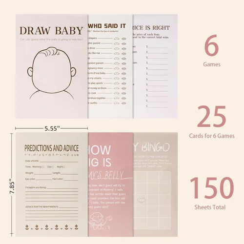 Vista 4 de Juego de 150 tarjetas de juegos de baby shower, 6 juegos divertidos que incluyen bingo, Don't Say Baby, Price is Right y más, perfecto para hasta 25
