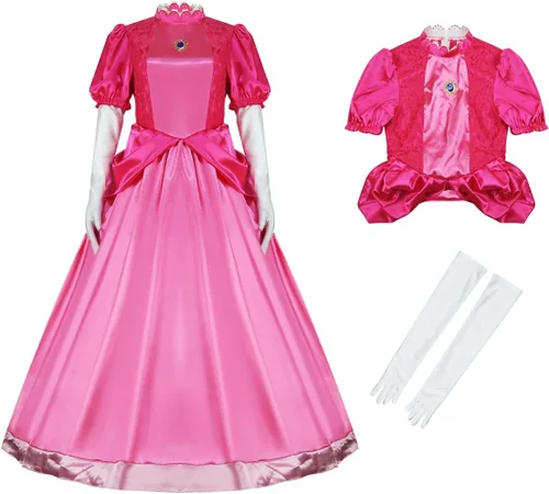 Vista 4 de Women's Halloween Princess Costume Adult Cosplay Super Bro Classic Party Fancy Dress With Crown Earrings Gloves
