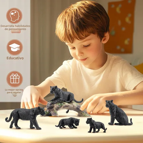 Vista 7 de Toymany 7 Piezas Figuras de Panteras Negras con Cachorro de Pantera y Tronco de Árbol, Figuras Realistas de Animales de la Selva Juego Familiar