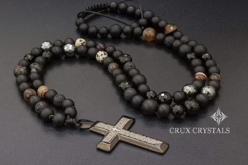 Vista 4 de Mens Cross Pendant Beads Necklace Gemstone Natural Stone Necklace Onyx Beaded Necklace Rosary Prayer Necklace Crux Crystals Mens Religious Jewelry