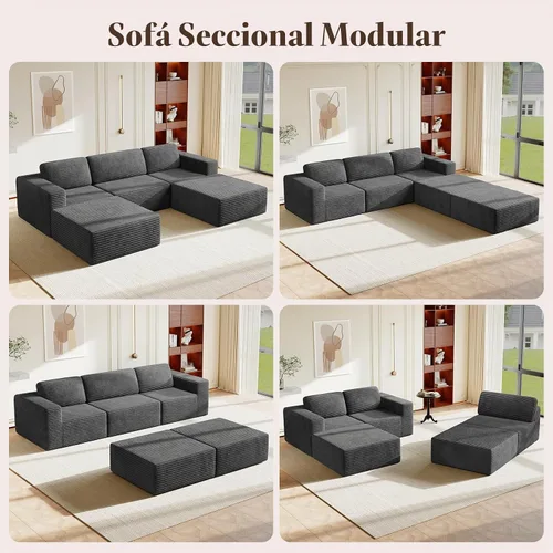 Vista 2 de Vesgantti Sofá modular en forma de U de 119 pulgadas, sofá modular de pana con asiento profundo y soporte de resorte, sofá convertible con 2 119