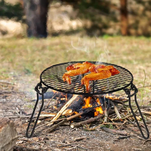 Vista 8 de REDCAMP Parrilla de fogata plegable para estufa sola, trípode de hoguera de hierro portátil con parrilla de acero para fogata, horno holandés