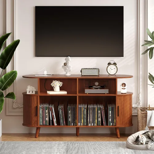 Vista 3 de GarveeHome Soporte redondo grande para tocadiscos de 55 pulgadas con estación de carga y puertos USB, soporte para tocadiscos de vinilo rústico
