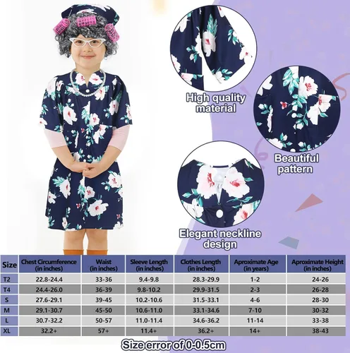 Vista 2 de Haull 8 piezas de disfraz de anciana para niños, disfraz de abuela para niños, vestido de abuelita, peluca plegable, gafas de muleta para Halloween