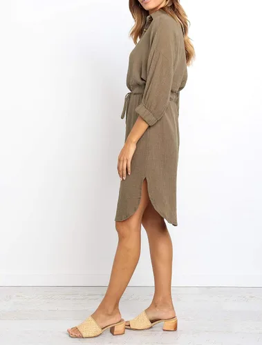 Vista 3 de R.Vivimos Vestido de verano para mujer, manga 34, de lino, con botones, casual, hasta la rodilla, con lazo en la cintura