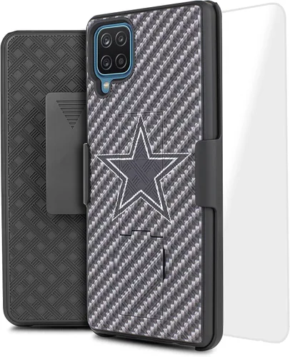 Vista 9 de Para Samsung Galaxy A12, con carcasa combinada de vidrio templado y funda delgada con soporte incorporado + clip giratorio para cinturón para Galaxy