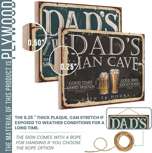 Vista 8 de Letrero de pared de madera personalizado con diseño de cueva de hombre, 4 tamaños, 9 colores y 9 opciones de fuente, regalo personalizado para papá