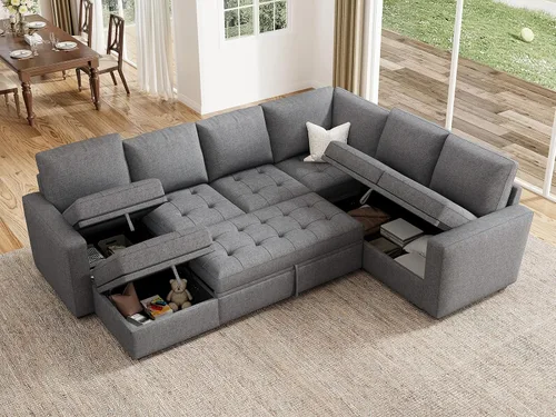 Vista 10 de HONBAY - Sofá seccional modular con cama desplegable, sofá convertible de lino en forma de L con asiento de almacenamiento, sofás seccionales