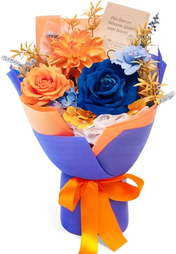 Vista 13 de Ramo de flores preservadas de color naranja, ramo de regalo para mujeres, regalo de flores falsas eternas para Navidad, aniversario, cumpleaños