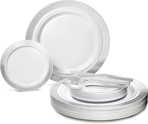 Vista 9 de Occasions" - Juego de 300 piezas y 60 platos de plástico desechables para bodas y cubiertos (lino blanco y plateado, cubiertos plateados)