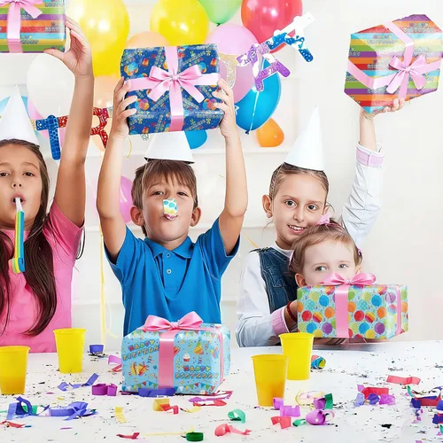 Vista 5 de PlandRichW Papel de regalo de cumpleaños, 4 divertidos diseños de fiesta, globos, arcoíris, cupcakes, confeti, plegado de 20 x 29 pulgadas, 12