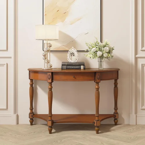 Vista 2 de Mesa de entrada de madera maciza con cajón, mesa de sofá semicírculo con estante de almacenamiento, tallas laterales de media luna, elegante mesa