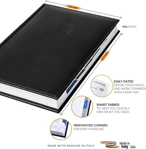 Vista 3 de Agenda diaria 2026 (12.7 x 17.8 cm) - Hecha en Italia, agenda horaria de una página por día, 416 páginas, pestañas y calendario mensual, agenda