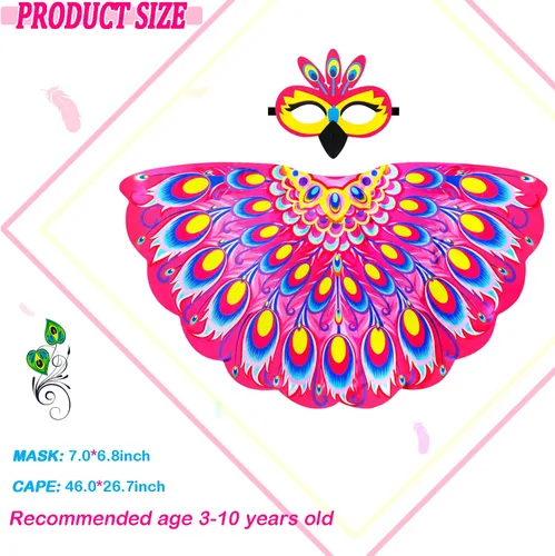 Vista 7 de iROLEWIN Peacock-Costumes-Bird-Wings Mask for Kids-Girls Feathered Parrot Owl Dress Up Cape as Boys Party Favors Gifts Toys