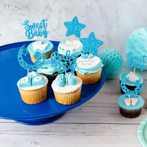 Vista 9 de Gyufise 24 piezas de adornos azules para cupcakes para bebé, con purpurina azul, estrellas, luna, dulce baby shower, niño, cupcakes para baby