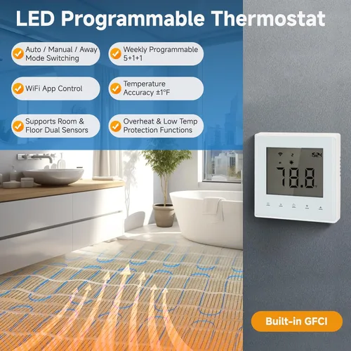 Vista 4 de Kit de alfombrilla eléctrica radiante de 40 pies cuadrados, termostato programable WiFi de 120 V, sensor dual, listado cULus, seguro para áreas