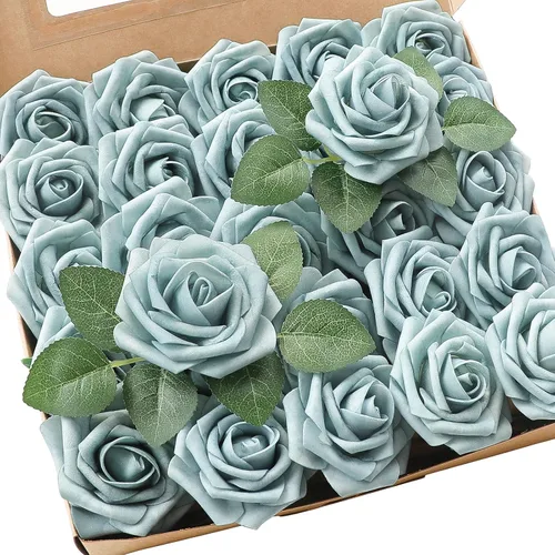Vista 28 de Floroom Flores artificiales, 25 piezas de rosas falsas de espuma dorada antigua de aspecto real con tallos para ramos de boda DIY, centros de mesa