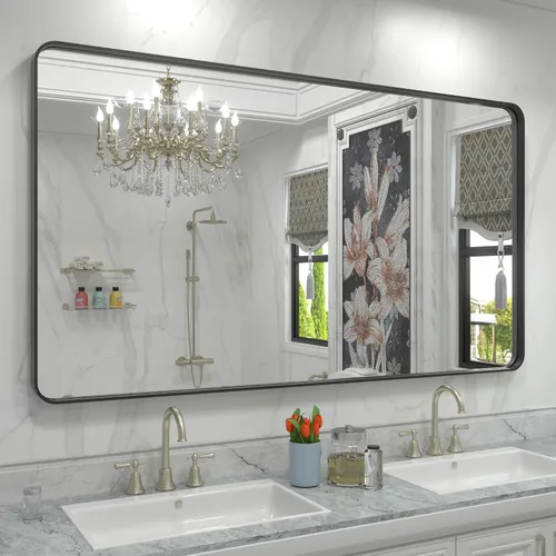 Vista 76 de Paquete de 2 espejos de baño con marco de metal negro de 22 x 30 pulgadas, espejo rectangular redondeado negro mate, antioxidante, se cuelga