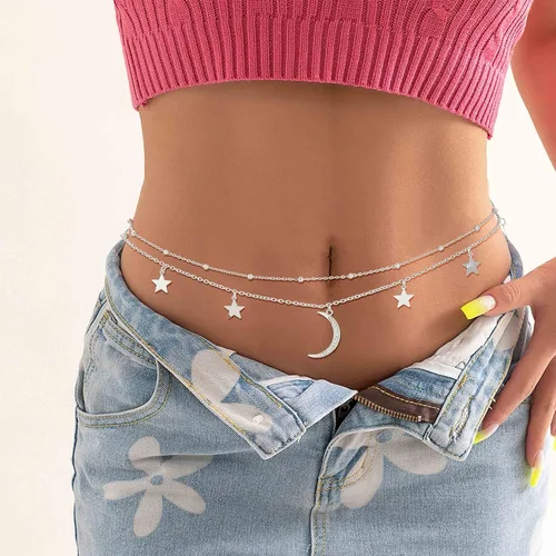 Vista 2 de Layered Moon Star Belly Chain Beads Waist Chain SilverGold Body Chain Jewelry Accessories for Women and Girls