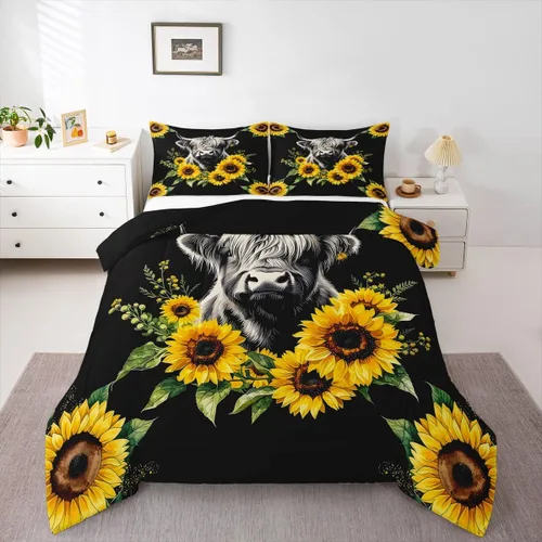 Vista 24 de Ropa de cama con estampado de vaca marrón tamaño individual, juego de edredón rústico de piel de vaca con calavera de vaca, relleno de edredón
