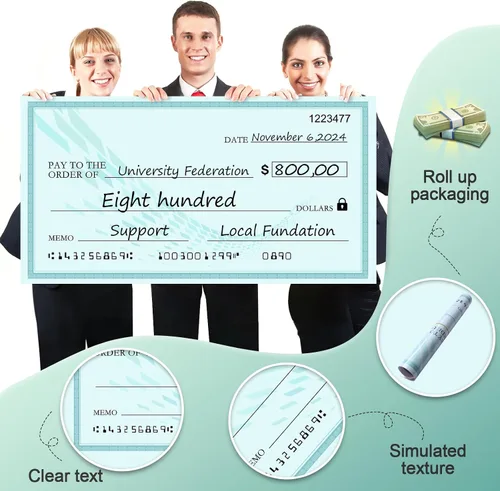 Vista 4 de Grandes cheques para presentaciones, enorme cheque falso de 30 x 16 pulgadas para premios y donaciones, reutilizable y perfecto para eventos