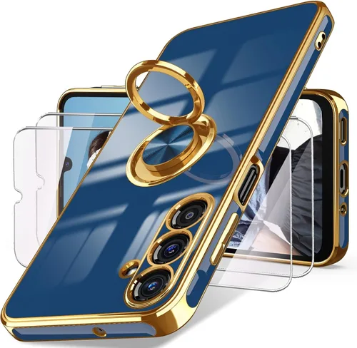 Vista 8 de Dretal Funda para Samsung Galaxy A15 5G, protector de pantalla, soporte de anillo giratorio de 360°, soporte magnético, borde dorado plateado, funda