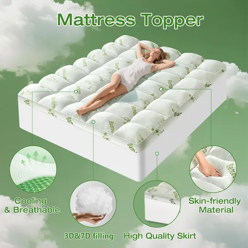 Vista 2 de Mattress Topper Queen Size Viscose Derived from Bamboo, Thick Soft Pillow Top Mattress Pad Cover for Back Pain, Mattress Protector with 8-21 Inch
