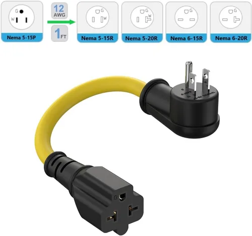Vista 2 de Cable adaptador de enchufe doméstico de 1 pie de 12 AWG en ángulo recto de 15 amperios a 20 amperios, cable adaptador de enchufe de 90 grados Nema