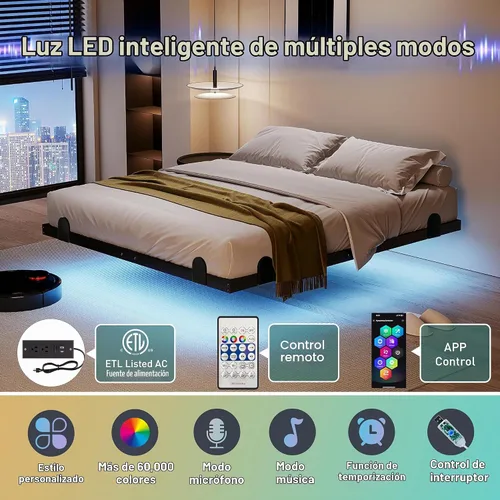Vista 3 de qimamo Marco de Cama Flotante Full de 10 Pulgadas con Luces LED Inteligentes y Estación de Carga, Marco de Cama Full de Metal Moderno, Fácil
