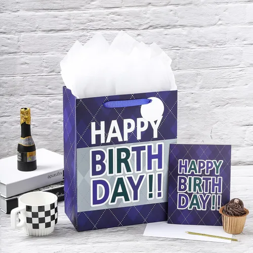 Vista 4 de Loveinside Bolsa de regalo a cuadros azul marino con texto en inglés «Happy Birthday» impresa, tamaño mediano con papel de seda, etiqueta, tarjeta