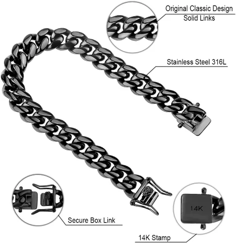 Vista 2 de Gargantillabrazalete con cadena de eslabones cubanos pesados para hombre, de acero inoxidable grueso chapado en oro de 14 quilates, disponible