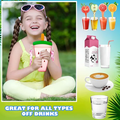 Vista 9 de 3 botellas de agua con pajitas creativas Kawaii en forma de cámara de helado, sandía, correa ajustable, botella de agua de plástico para viajes